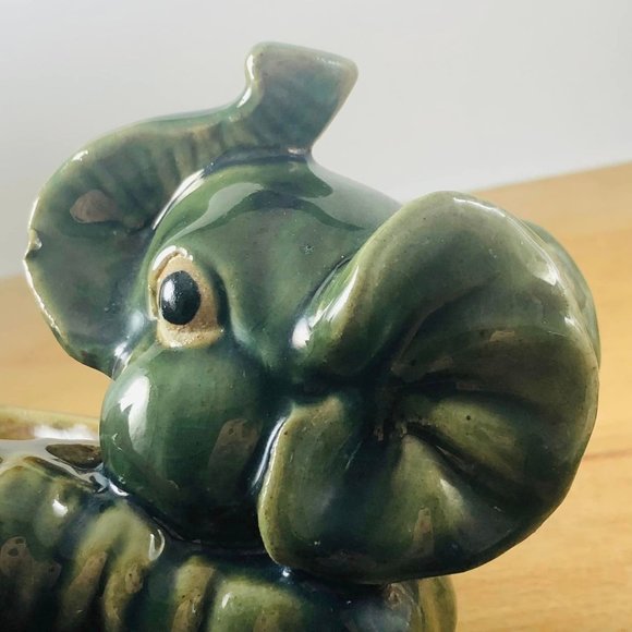 Majolica Elephant Planter Trunk Up MCM Heavy Good Luck - Picture 4 of 7